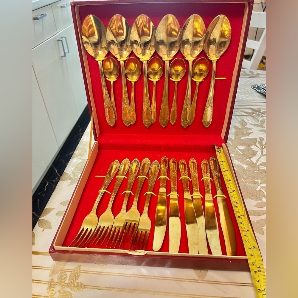 VTG Soviet Gold-Plated Flatware Set USSR 22 pcs Spoons, Forks, Knives Box - Picture 11 of 13